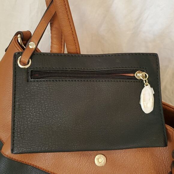 Black Rivet Purse Two Tone Black and Cognac Double Handle Bag w/Shoulder Strap - Picture 5 of 16